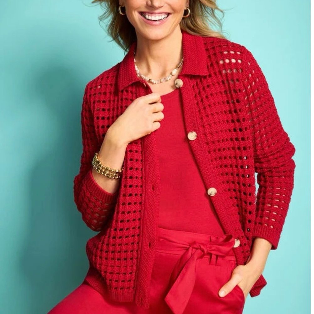 Talbots Red Open Stitch Red Cardigan Sweater